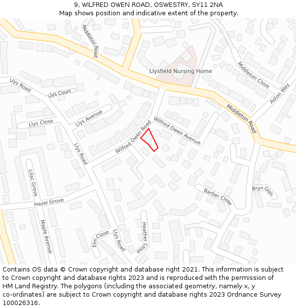 9, WILFRED OWEN ROAD, OSWESTRY, SY11 2NA: Location map and indicative extent of plot