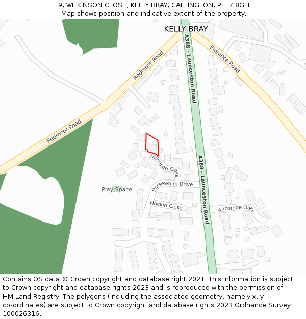 9, WILKINSON CLOSE, KELLY BRAY, CALLINGTON, PL17 8GH: Location map and indicative extent of plot