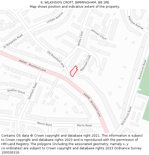 9, WILKINSON CROFT, BIRMINGHAM, B8 2RE: Location map and indicative extent of plot