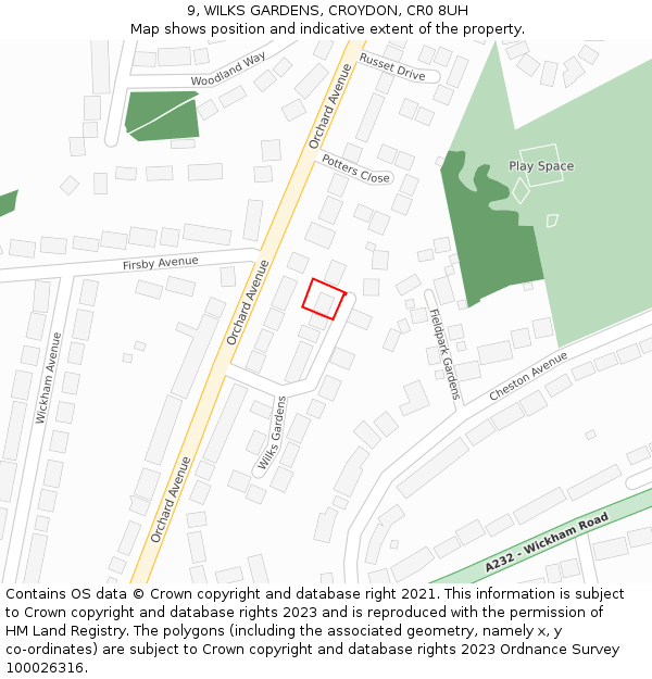 9, WILKS GARDENS, CROYDON, CR0 8UH: Location map and indicative extent of plot