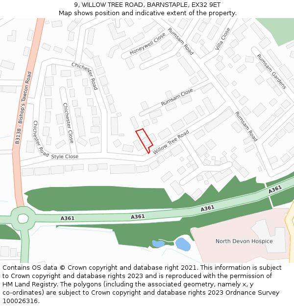 9, WILLOW TREE ROAD, BARNSTAPLE, EX32 9ET: Location map and indicative extent of plot