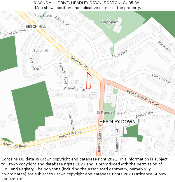 9, WINDMILL DRIVE, HEADLEY DOWN, BORDON, GU35 8AL: Location map and indicative extent of plot