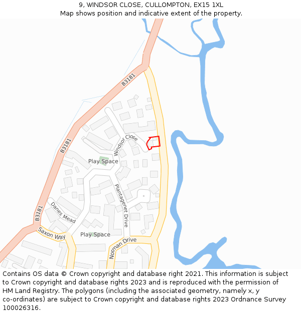 9, WINDSOR CLOSE, CULLOMPTON, EX15 1XL: Location map and indicative extent of plot