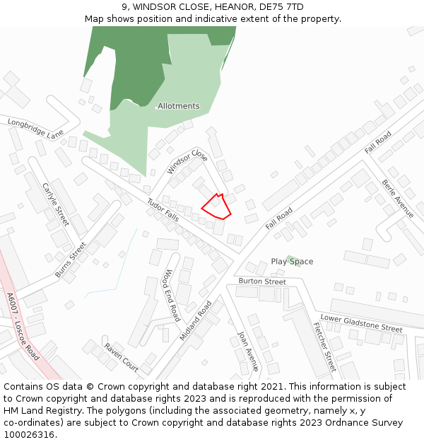 9, WINDSOR CLOSE, HEANOR, DE75 7TD: Location map and indicative extent of plot