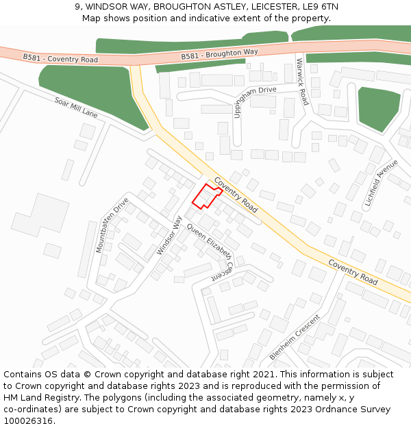 9, WINDSOR WAY, BROUGHTON ASTLEY, LEICESTER, LE9 6TN: Location map and indicative extent of plot