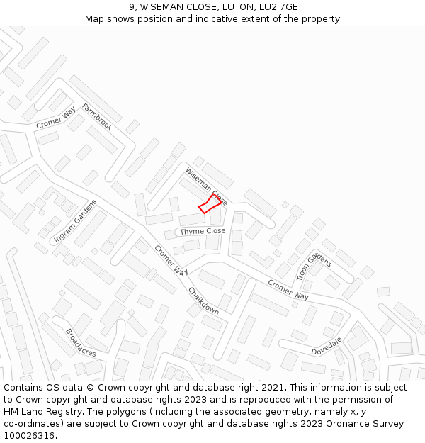 9, WISEMAN CLOSE, LUTON, LU2 7GE: Location map and indicative extent of plot