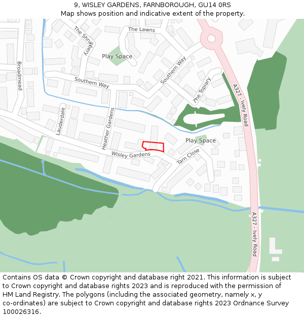 9, WISLEY GARDENS, FARNBOROUGH, GU14 0RS: Location map and indicative extent of plot