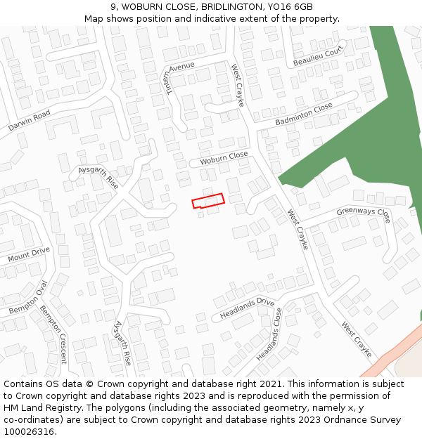 9, WOBURN CLOSE, BRIDLINGTON, YO16 6GB: Location map and indicative extent of plot