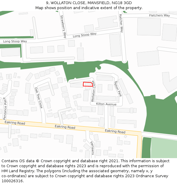 9, WOLLATON CLOSE, MANSFIELD, NG18 3GD: Location map and indicative extent of plot