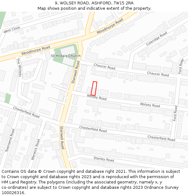 9, WOLSEY ROAD, ASHFORD, TW15 2RA: Location map and indicative extent of plot