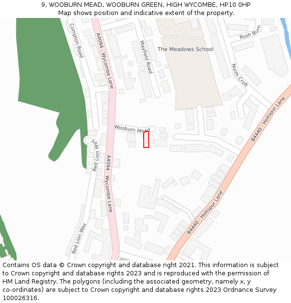 9, WOOBURN MEAD, WOOBURN GREEN, HIGH WYCOMBE, HP10 0HP: Location map and indicative extent of plot