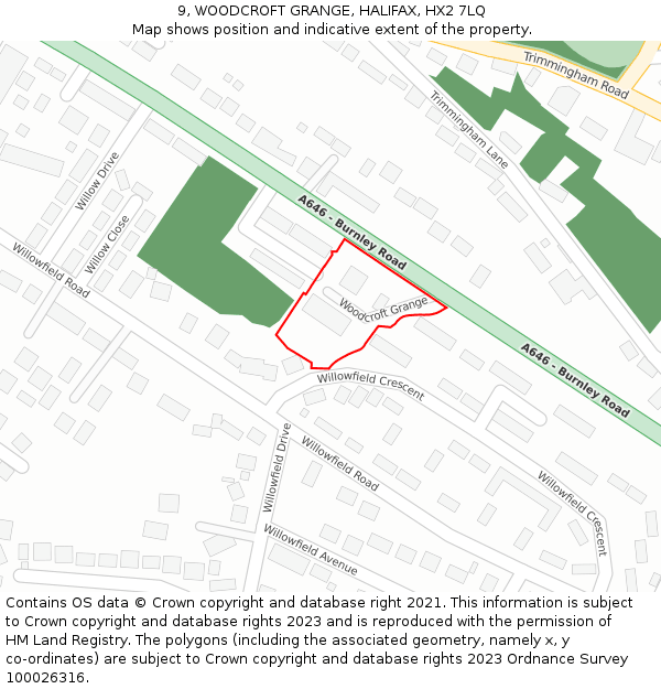 9, WOODCROFT GRANGE, HALIFAX, HX2 7LQ: Location map and indicative extent of plot