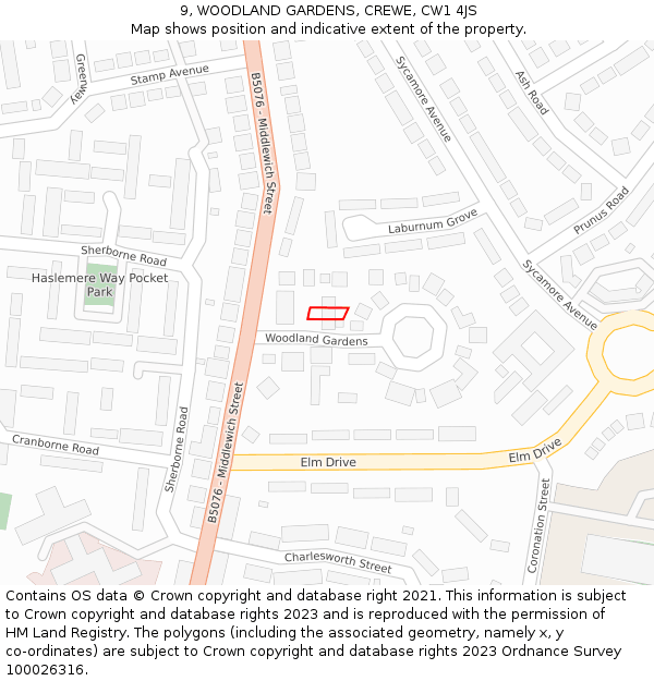 9, WOODLAND GARDENS, CREWE, CW1 4JS: Location map and indicative extent of plot