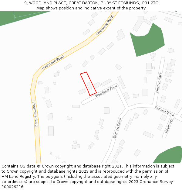 9, WOODLAND PLACE, GREAT BARTON, BURY ST EDMUNDS, IP31 2TG: Location map and indicative extent of plot