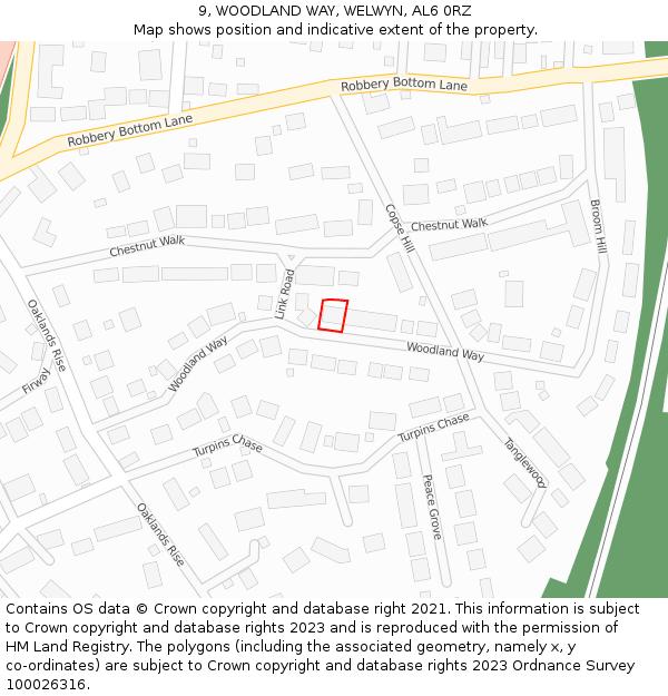 9, WOODLAND WAY, WELWYN, AL6 0RZ: Location map and indicative extent of plot