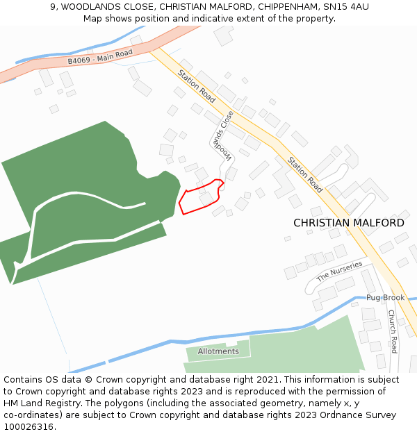 9, WOODLANDS CLOSE, CHRISTIAN MALFORD, CHIPPENHAM, SN15 4AU: Location map and indicative extent of plot