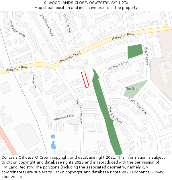 9, WOODLANDS CLOSE, OSWESTRY, SY11 2TX: Location map and indicative extent of plot