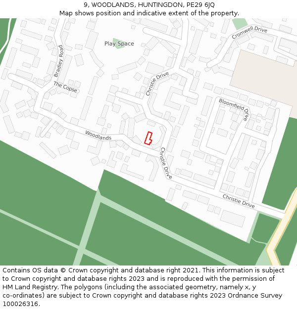 9, WOODLANDS, HUNTINGDON, PE29 6JQ: Location map and indicative extent of plot