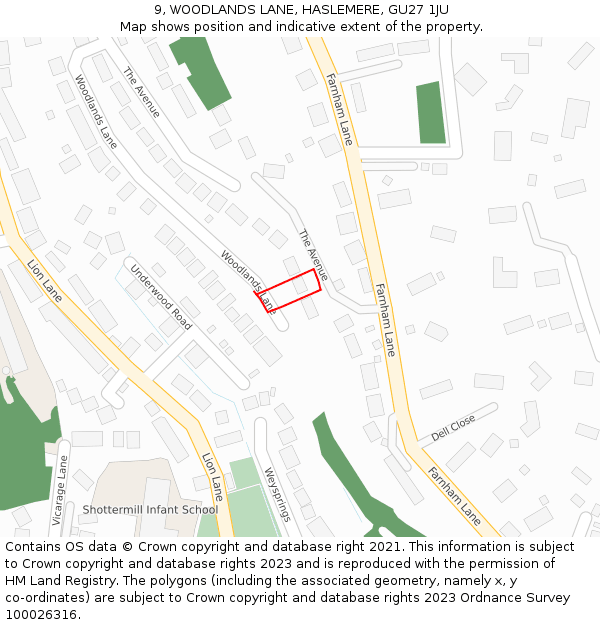 9, WOODLANDS LANE, HASLEMERE, GU27 1JU: Location map and indicative extent of plot