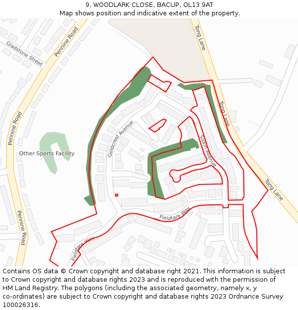 9, WOODLARK CLOSE, BACUP, OL13 9AT: Location map and indicative extent of plot