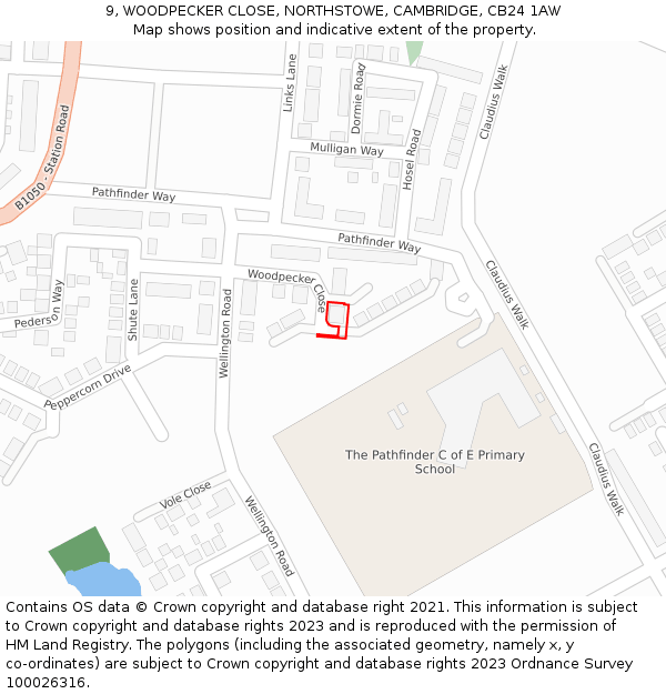 9, WOODPECKER CLOSE, NORTHSTOWE, CAMBRIDGE, CB24 1AW: Location map and indicative extent of plot