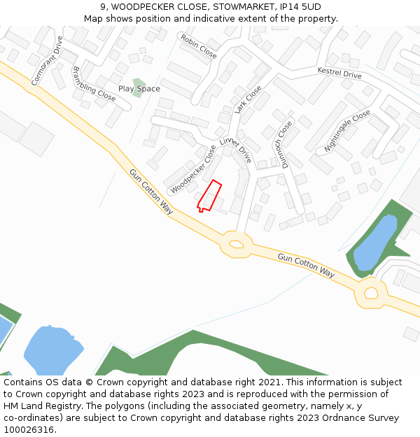 9, WOODPECKER CLOSE, STOWMARKET, IP14 5UD: Location map and indicative extent of plot