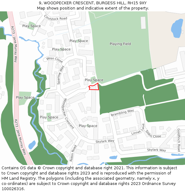 9, WOODPECKER CRESCENT, BURGESS HILL, RH15 9XY: Location map and indicative extent of plot