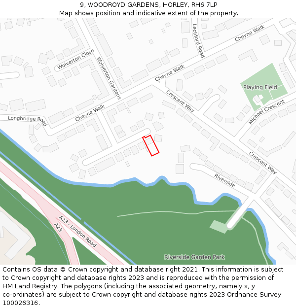 9, WOODROYD GARDENS, HORLEY, RH6 7LP: Location map and indicative extent of plot