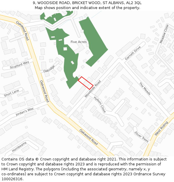 9, WOODSIDE ROAD, BRICKET WOOD, ST ALBANS, AL2 3QL: Location map and indicative extent of plot