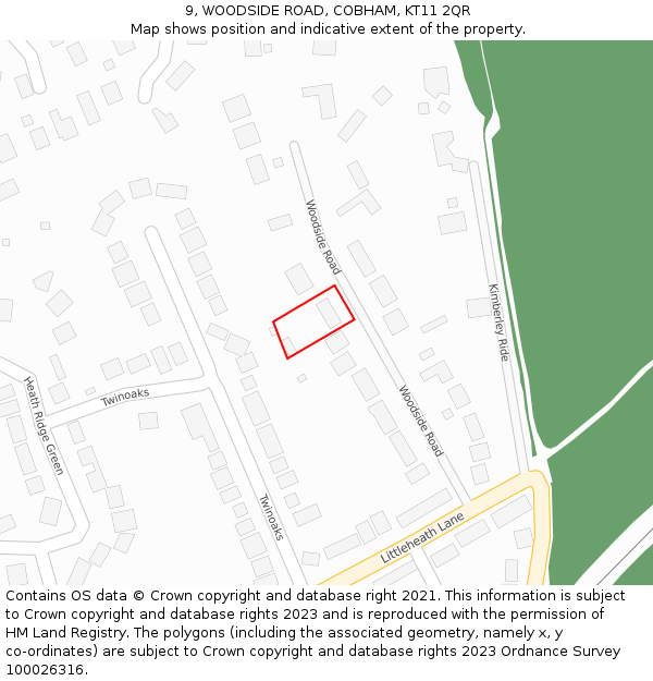 9, WOODSIDE ROAD, COBHAM, KT11 2QR: Location map and indicative extent of plot