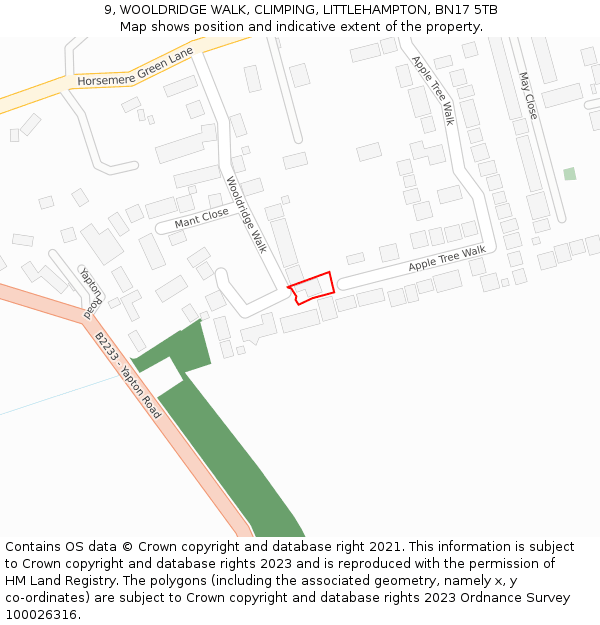 9, WOOLDRIDGE WALK, CLIMPING, LITTLEHAMPTON, BN17 5TB: Location map and indicative extent of plot