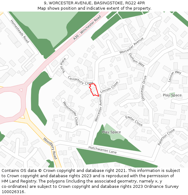 9, WORCESTER AVENUE, BASINGSTOKE, RG22 4PR: Location map and indicative extent of plot