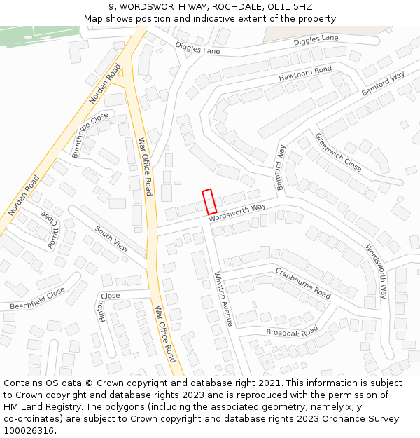 9, WORDSWORTH WAY, ROCHDALE, OL11 5HZ: Location map and indicative extent of plot