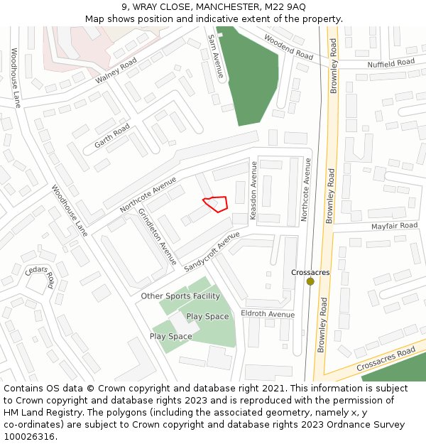 9, WRAY CLOSE, MANCHESTER, M22 9AQ: Location map and indicative extent of plot