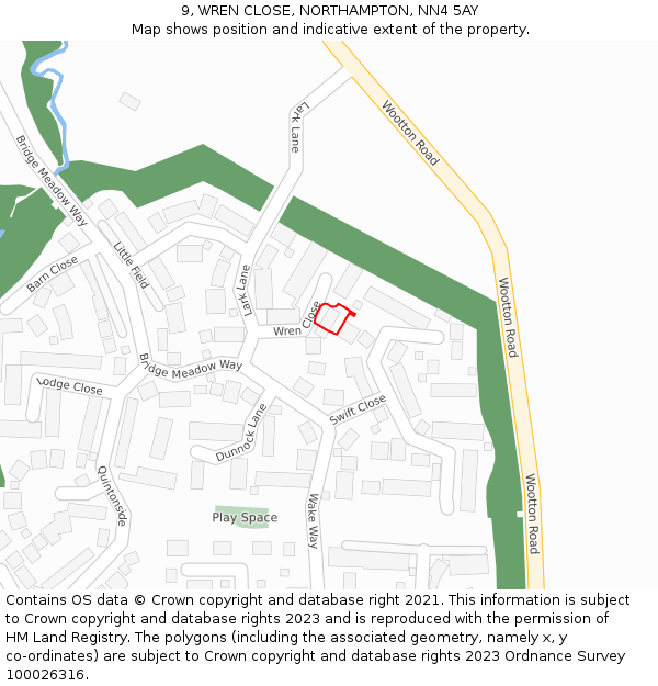 9, WREN CLOSE, NORTHAMPTON, NN4 5AY: Location map and indicative extent of plot