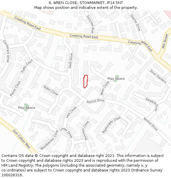 9, WREN CLOSE, STOWMARKET, IP14 5NT: Location map and indicative extent of plot