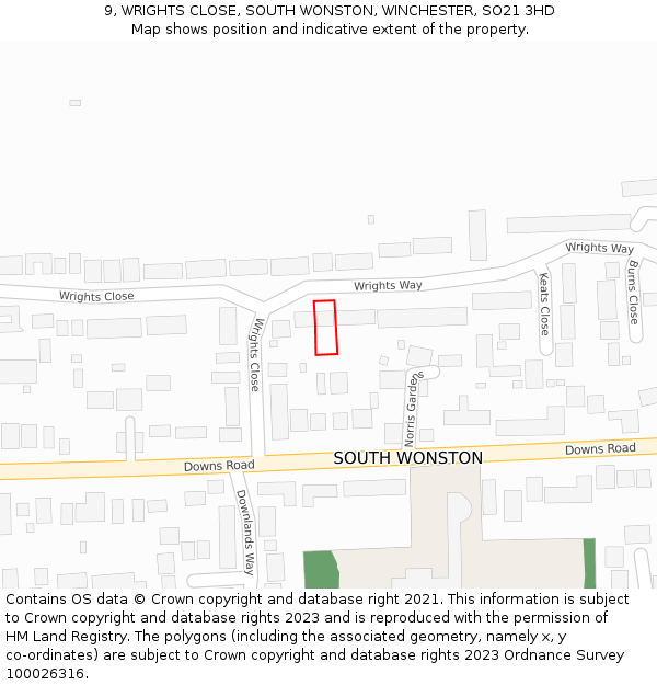 9, WRIGHTS CLOSE, SOUTH WONSTON, WINCHESTER, SO21 3HD: Location map and indicative extent of plot