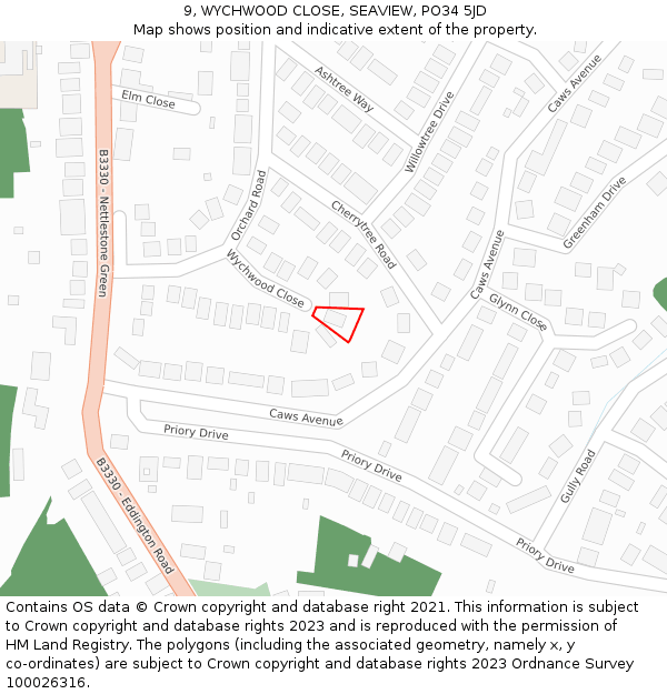 9, WYCHWOOD CLOSE, SEAVIEW, PO34 5JD: Location map and indicative extent of plot