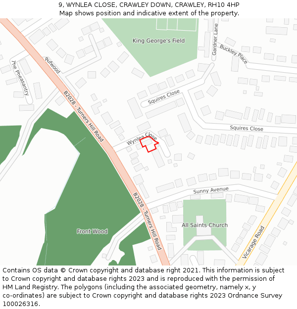 9, WYNLEA CLOSE, CRAWLEY DOWN, CRAWLEY, RH10 4HP: Location map and indicative extent of plot