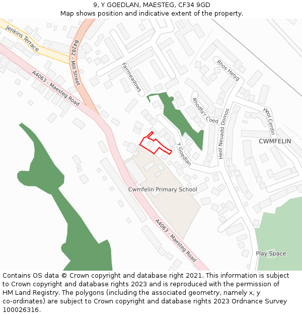 9, Y GOEDLAN, MAESTEG, CF34 9GD: Location map and indicative extent of plot