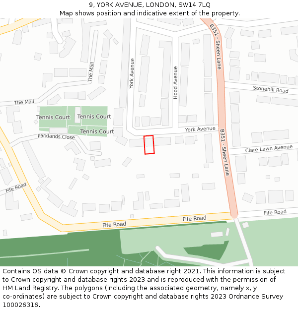 9, YORK AVENUE, LONDON, SW14 7LQ: Location map and indicative extent of plot