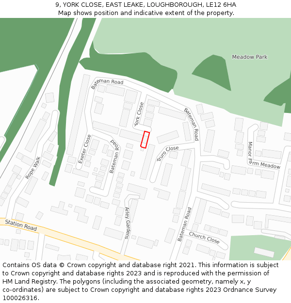 9, YORK CLOSE, EAST LEAKE, LOUGHBOROUGH, LE12 6HA: Location map and indicative extent of plot