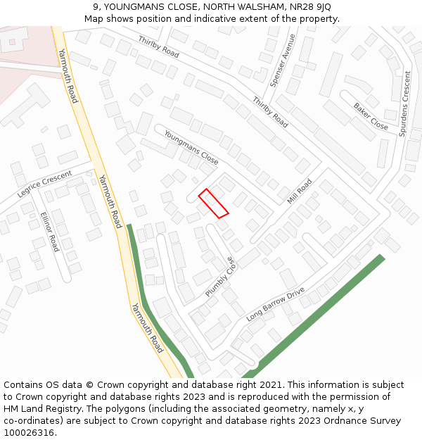 9, YOUNGMANS CLOSE, NORTH WALSHAM, NR28 9JQ: Location map and indicative extent of plot