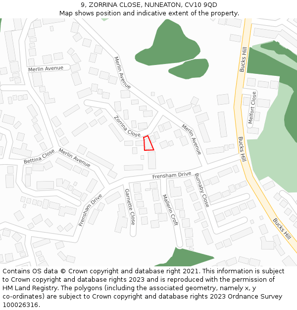 9, ZORRINA CLOSE, NUNEATON, CV10 9QD: Location map and indicative extent of plot