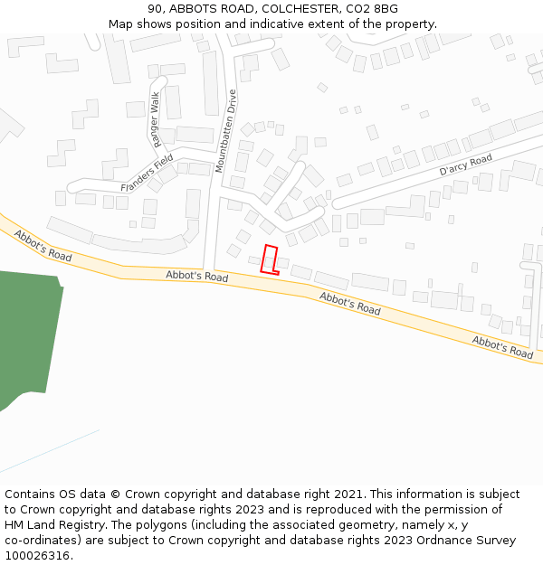 90, ABBOTS ROAD, COLCHESTER, CO2 8BG: Location map and indicative extent of plot