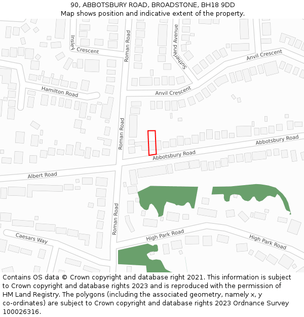 90, ABBOTSBURY ROAD, BROADSTONE, BH18 9DD: Location map and indicative extent of plot