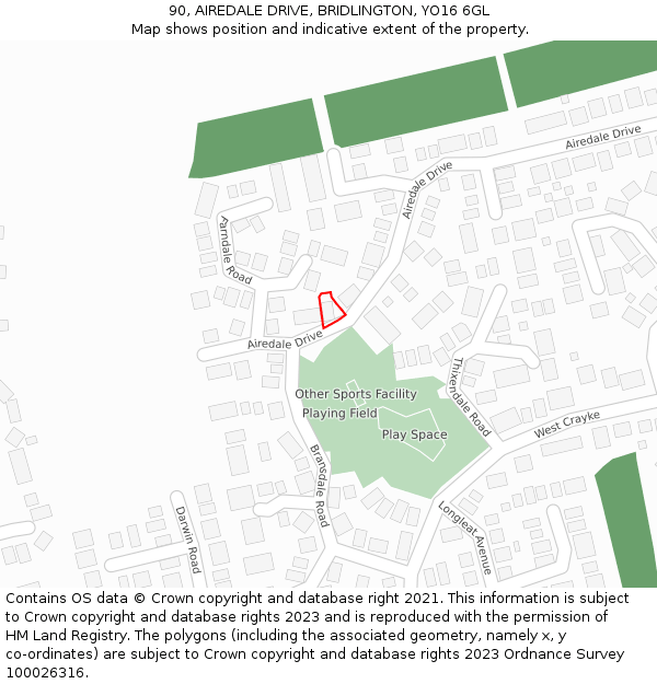 90, AIREDALE DRIVE, BRIDLINGTON, YO16 6GL: Location map and indicative extent of plot