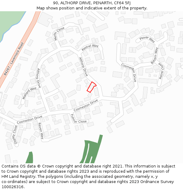 90, ALTHORP DRIVE, PENARTH, CF64 5FJ: Location map and indicative extent of plot