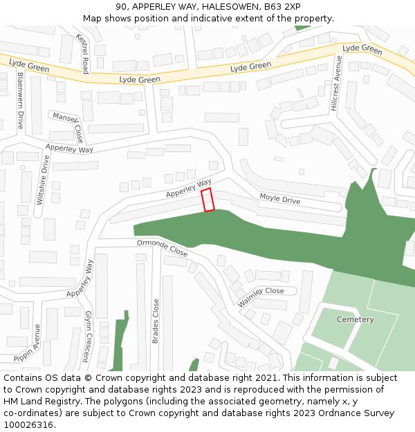 90, APPERLEY WAY, HALESOWEN, B63 2XP: Location map and indicative extent of plot