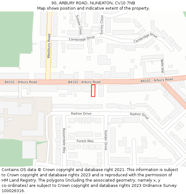 90, ARBURY ROAD, NUNEATON, CV10 7NB: Location map and indicative extent of plot